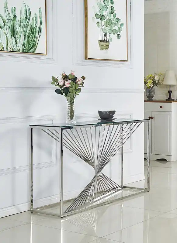 Andreas 47 Modern Glass Top Sofa Table - Silver with Chrome Metal Base