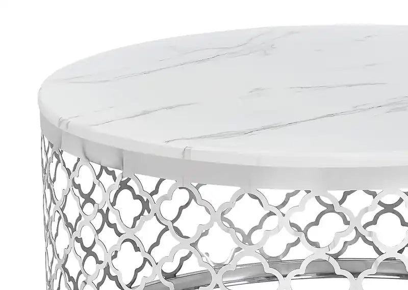 Belle 36 Glam Round Sofa Table - White Marble Top with Stainless Steel Base