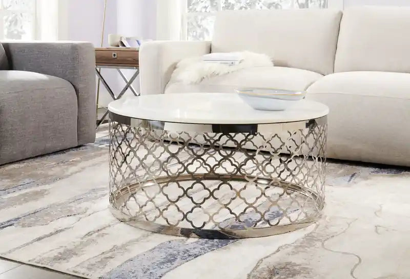 Belle 36 Glam Round Sofa Table - White Marble Top with Stainless Steel Base