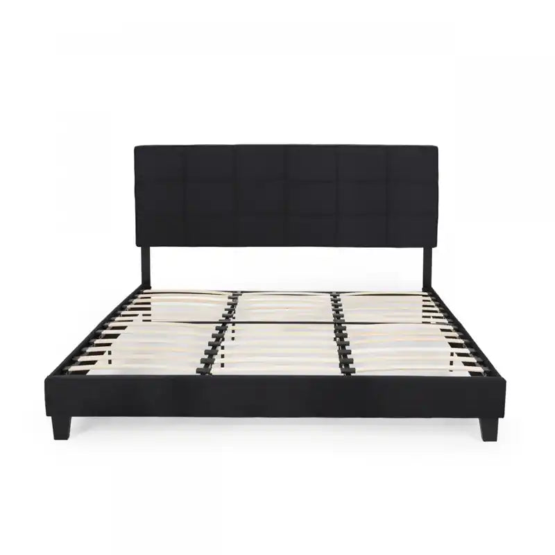 Lucia Upholstered Platform Bed Frame With Tufted Waffle Stitching,king Size,black King Bed