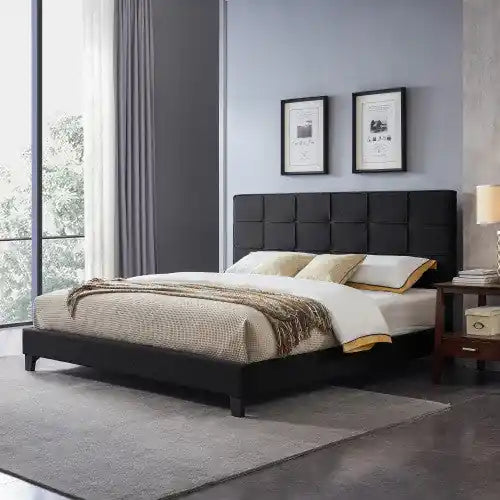 Lucia Upholstered Platform Bed Frame With Tufted Waffle Stitching,king Size,black King Bed
