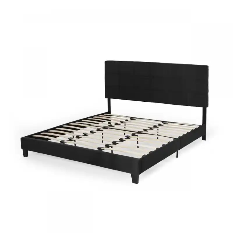 Lucia Upholstered Platform Bed Frame With Tufted Waffle Stitching,king Size,black King Bed