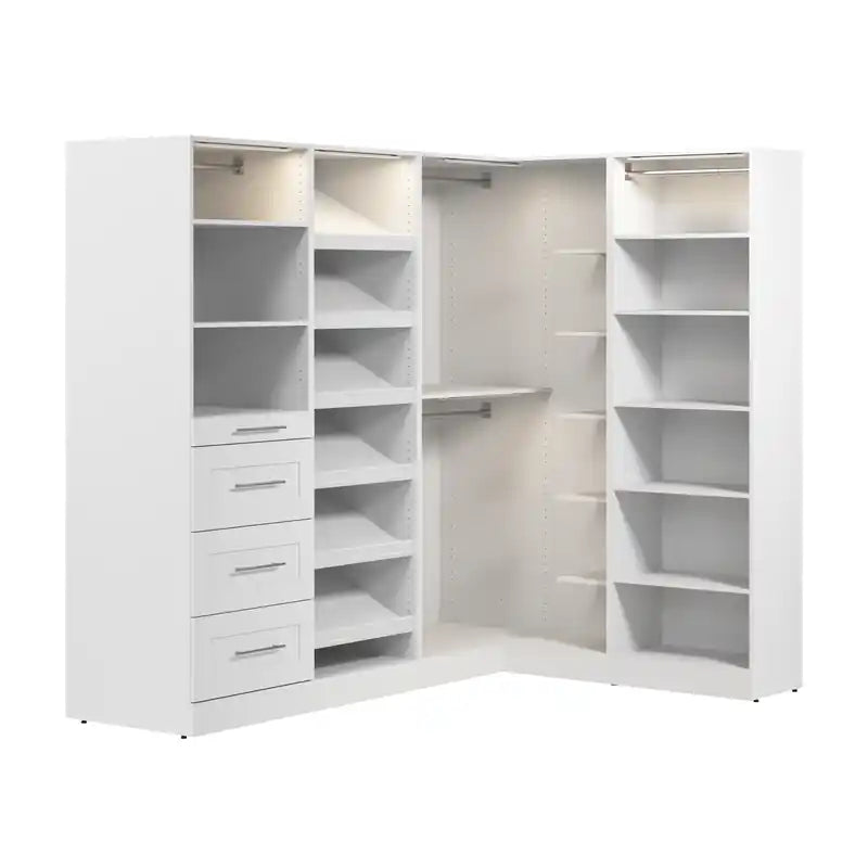Bestar Florence 85 Modular L-Shaped Walk-In Closet System with LED Lights, Rods, Drawers and Shoe S