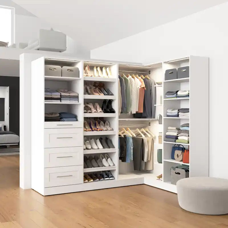 85" Modular L-Shaped Walk-In Closet System with LED Lights, Rods, Drawers & Shoe Storage