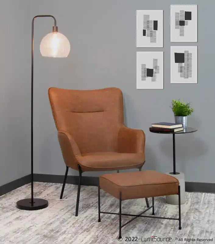 2-Piece Industrial Faux Leather Accent Lounge Chair & Ottoman Set, Camel, Metal Frame