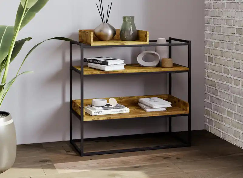 32 Console Table With Storage Shelf Brown Reclaimed Wood Black Metal