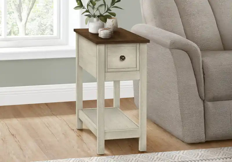 Accent Side End Table 2-Tier Narrow Bedroom Storage Drawer Antique White Brown Veneer Transitional