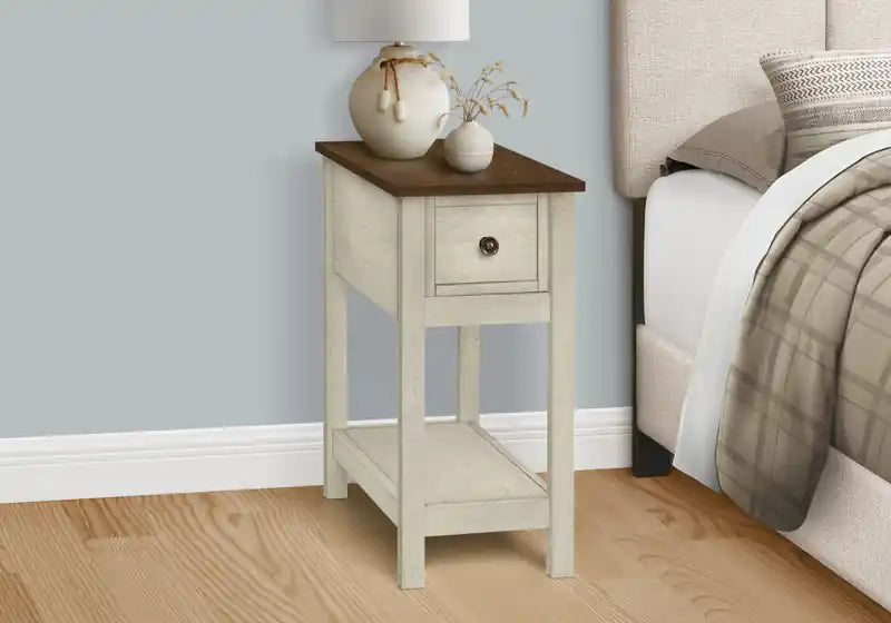 Accent Side End Table 2-Tier Narrow Bedroom Storage Drawer Antique White Brown Veneer Transitional