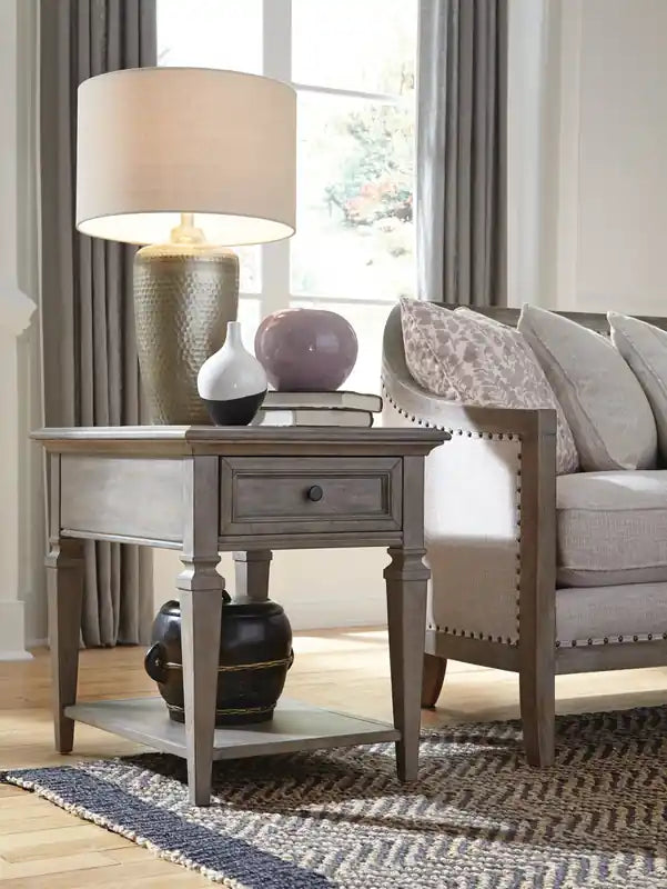 Lancaster 20 Traditional End Table with Storage and Shelf - Grey and Bronze Pine