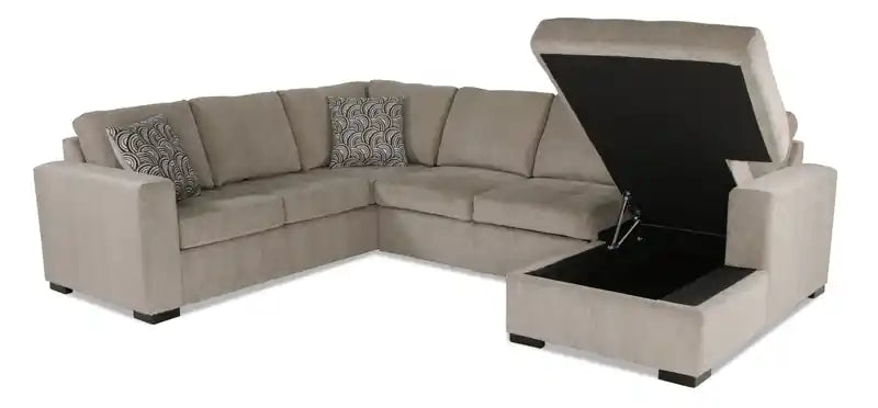 Made in Canada Legend 3-Piece Right-Facing Chenille Fabric Sleeper Sectional with Storage Chaise - Platinum Beige