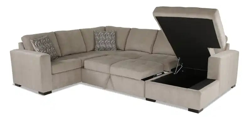 Made in Canada Legend 3-Piece Right-Facing Chenille Fabric Sleeper Sectional with Storage Chaise - Platinum Beige