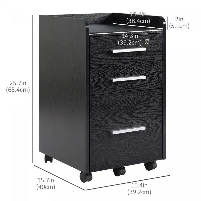 3-Drawer Mobile Office Filing Cabinet, Lockable Wheels, Letter/Legal Size Storage
