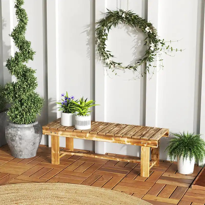 43.25" Carbonized Wood Outdoor Garden Bench, Double Seat, Weather-Resistant Fir Wood