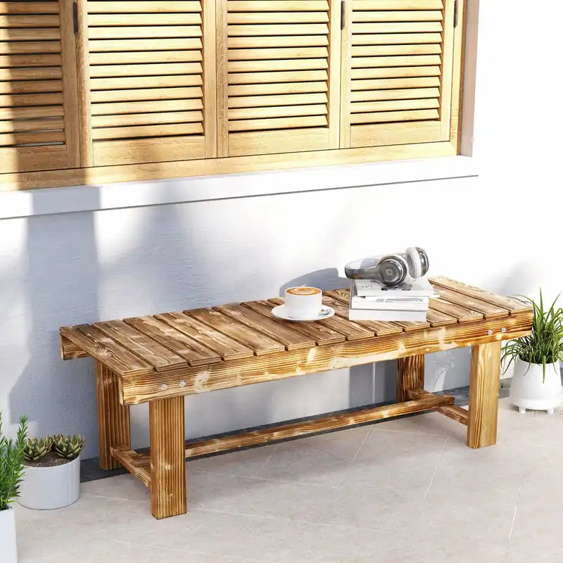 43.25" Carbonized Wood Outdoor Garden Bench, Double Seat, Weather-Resistant Fir Wood