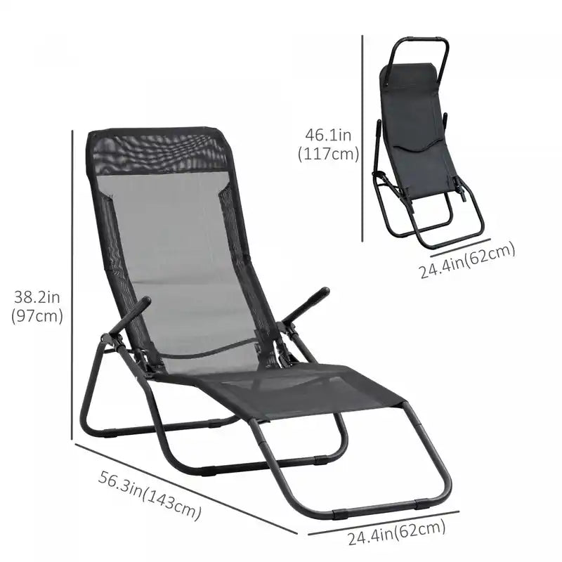 Foldable Patio Lounge Chair, Adjustable Recliner, Lightweight Portable Outdoor Chair, Black