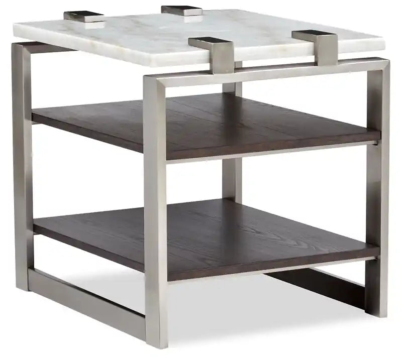 Paradox 22 Modern End Table with Shelf - White Marble Top with Brushed Platinum Frame