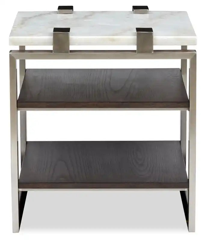 Paradox 22 Modern End Table with Shelf - White Marble Top with Brushed Platinum Frame