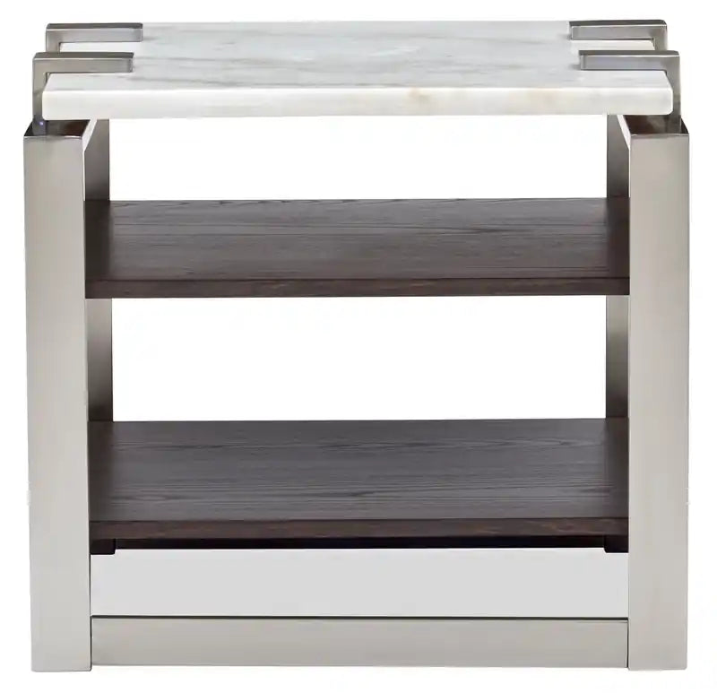 Paradox 22 Modern End Table with Shelf - White Marble Top with Brushed Platinum Frame