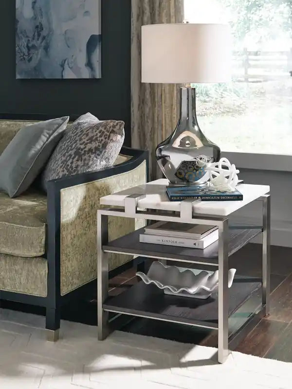 Paradox 22 Modern End Table with Shelf - White Marble Top with Brushed Platinum Frame