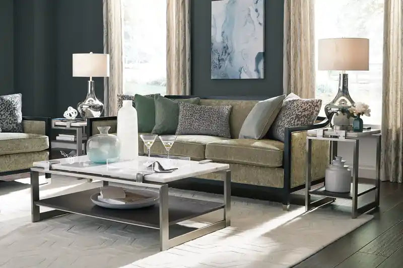 Paradox 22 Modern End Table with Shelf - White Marble Top with Brushed Platinum Frame