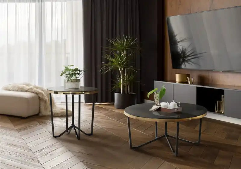 Xander 24 Modern Round Glass Top End Table - Black and Gold with Metal Legs